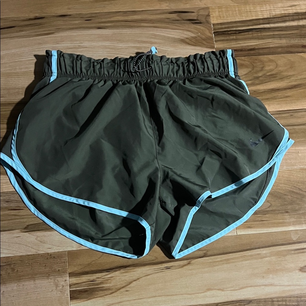 Nike Olive Green Athletic Shorts with Blue Trim